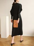 Zjkrl - Original Creation Loose Long Sleeves Pleated Solid Color High-Neck Midi Dresses