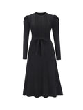 Zjkrl - High Waisted Long Sleeves Solid Color Tied Waist Round-Neck Midi Dresses Sweater Dresses