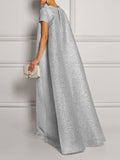 Zjkrl - Loose Short Sleeves Shiny Solid Color V-Neck Maxi Dresses