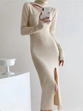 Zjkrl - High Waisted Long Sleeves Hollow Solid Color Split-Side Mock Neck Midi Dresses Sweater Dresses