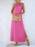 Zjkrl - Loose Sleeveless Solid Color One-Shoulder Maxi Dresses