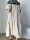 Zjkrl - Vintage Crew Neck Heavy Embroidered Puff Sleeve Pleated Dress