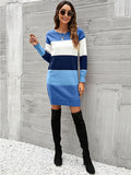 Zjkrl - Casual Long Sleeves Contrast Color Round-Neck Sweater Dresses