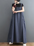 Vintage Loose Artistic Retro Solid Color Strap Denim Midi Dress