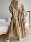 Zjkrl - Urban Solid Color Pleated Long Sleeves Hooded Midi Dress