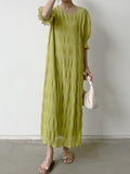 Zjkrl - Flared Sleeves Half Sleeves Pleated Solid Color Round-Neck Midi Dresses