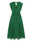 Zjkrl - Sleeveless Pleated Solid Color Tied Waist V-Neck Midi Dresses