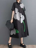 Zjkrl - Loose Short Sleeves Buttoned Floral Printed Lapel Collar Midi Dresses