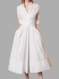 Zjkrl - Stylish A-Line Long Sleeves Pleated Solid Color Lapel Midi Dresses