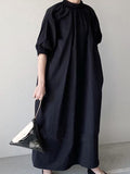 Zjkrl - Simple Solid Color Stand Collar Loose Half Sleeve Dress