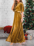 Zjkrl - Fashion Velvet Round Neck High Slit Maxi Dresses