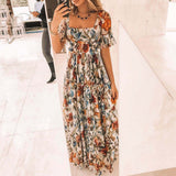 Zjkrl - Sexy Short Sleeves Floral Print Off Shoulder Maxi Dress