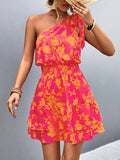 Zjkrl - A-Line Sleeveless Elasticity Flower Print Split-Joint Tied Tiered One-Shoulder Mini Dresses