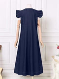 Zjkrl - Fly-sleeve Denim Tie Back V-Neck Long Dress