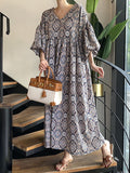 Zjkrl - Vintage Floral Printed V-Neck Pleated Puff Sleeves Midi Dress