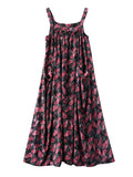 Zjkrl - Artistic Retro Ramie Cotton Loose 3 Colors Floral Printed Square-Neck Sleeveless Strap Dress