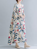 Zjkrl - Casual Floral Printed Split-Joint Round-Neck Flared Batwing Sleeves Loose Maxi Dress