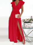 Zjkrl - Solid Color V-Neck Short Sleeve Casual Maxi Dress