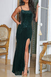 Zjkrl - Green Sexy Patchwork Sequins Backless Slit Spaghetti Strap Evening Dress Dresses