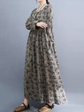 Zjkrl - Artistic Retro Long Sleeves Loose Floral Printed Round-Neck Midi Dresses