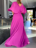 Short Sleeves Solid Color V-Neck Maxi Dresses