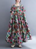 Zjkrl - Vintage Loose Multi-Colored Floral Printed Midi Dress