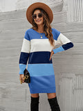 Zjkrl - Casual Long Sleeves Contrast Color Round-Neck Sweater Dresses