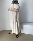 Zjkrl - Vintage Crew Neck Heavy Embroidered Puff Sleeve Pleated Dress