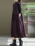 Zjkrl - Vintage Solid Color A-Line Sleeveless Corduroy Midi Dress