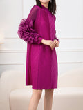 Zjkrl - Long Sleeves Loose Embroidered Pleated Solid Color Round-Neck Midi Dresses