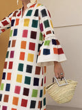 Zjkrl - Original Flared Sleeves Split-Joint Multi-Colored Plaid Midi Dress