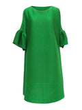 Zjkrl - Stylish Selection Flared Sleeves A-Line Pleated Solid Color Round-Neck Midi Dresses