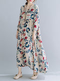 Zjkrl - Casual Floral Printed Split-Joint Round-Neck Flared Batwing Sleeves Loose Maxi Dress