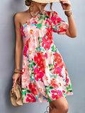 Zjkrl - A-Line Bishop Sleeve Flower Print Split-Joint One-Shoulder Mini Dresses