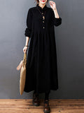 Zjkrl - Vintage Split-Joint Solid Color Long Sleeves Lapel A-Line Corduroy Midi Dress