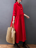 Zjkrl - Vintage Split-Joint Solid Color Long Sleeves Lapel A-Line Corduroy Midi Dress