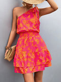 Zjkrl - A-Line Sleeveless Elasticity Flower Print Split-Joint Tied Tiered One-Shoulder Mini Dresses