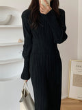 Zjkrl - Simple Long Sleeves Black Split-Joint Elasticity Waist Pleated Midi Dress