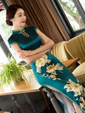 Zjkrl - Green Side Split Long Cheongsam Dress