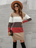 Zjkrl - Casual Long Sleeves Contrast Color Round-Neck Sweater Dresses