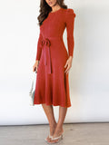 Zjkrl - High Waisted Long Sleeves Solid Color Tied Waist Round-Neck Midi Dresses Sweater Dresses