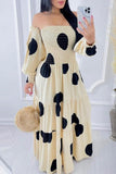 Zjkrl - Cream White Casual Dot Print Patchwork Backless Off the Shoulder Long Dress Dresses