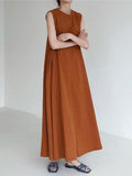 Zjkrl - Chic Simple Solid Color Sleeveless Ramie Cotton Loose Dress