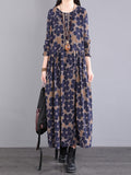 Zjkrl - Casual Long Sleeves Loose Floral Printed Round-Neck Midi Dresses