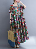 Zjkrl - Vintage Loose Multi-Colored Floral Printed Midi Dress