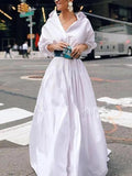 Zjkrl - Long Sleeves Loose Belted Pleated Solid Color Lapel Maxi Dresses