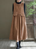 Zjkrl - Vintage Solid Color A-Line Sleeveless Corduroy Midi Dress