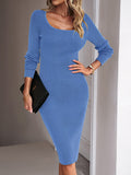 Zjkrl - Long Sleeves Skinny Solid Color Split-Side Square-Neck Sweater Dresses