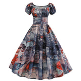 Zjkrl - Summer Puff Sleeve Elegant Print Vintage Dress