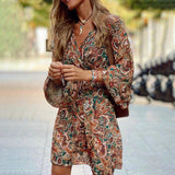 Zjkrl - Boho Tribal Printed V Neck Long Sleeve Mini Dress